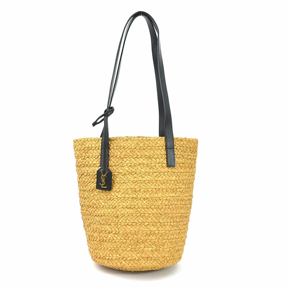 Saint Laurent Panier Raffia Leather Shoulder Bag Black x